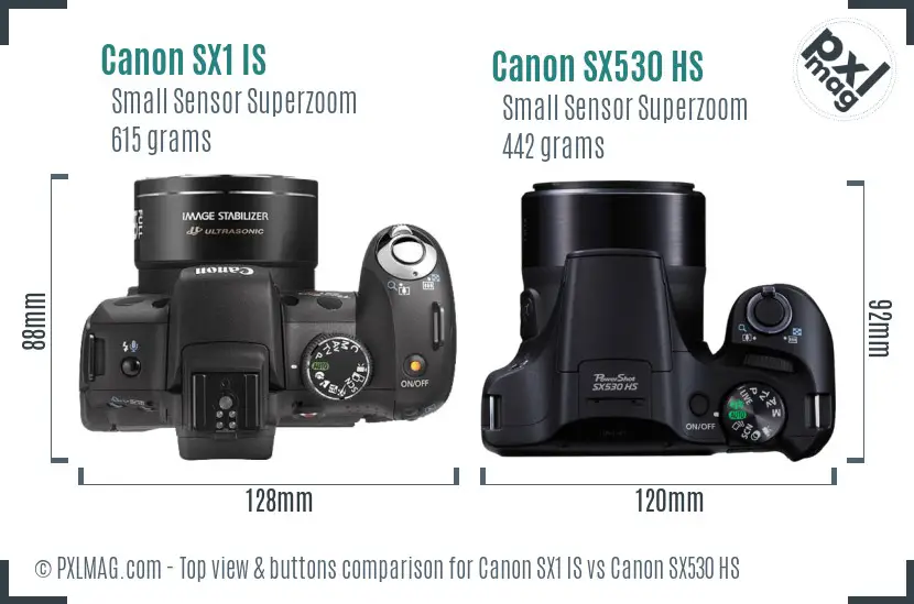 Canon SX1 IS vs Canon SX530 HS top view buttons comparison