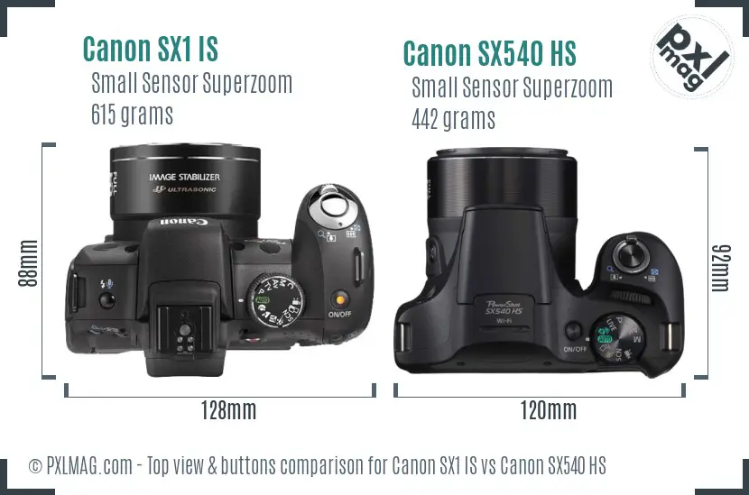 Canon SX1 IS vs Canon SX540 HS top view buttons comparison