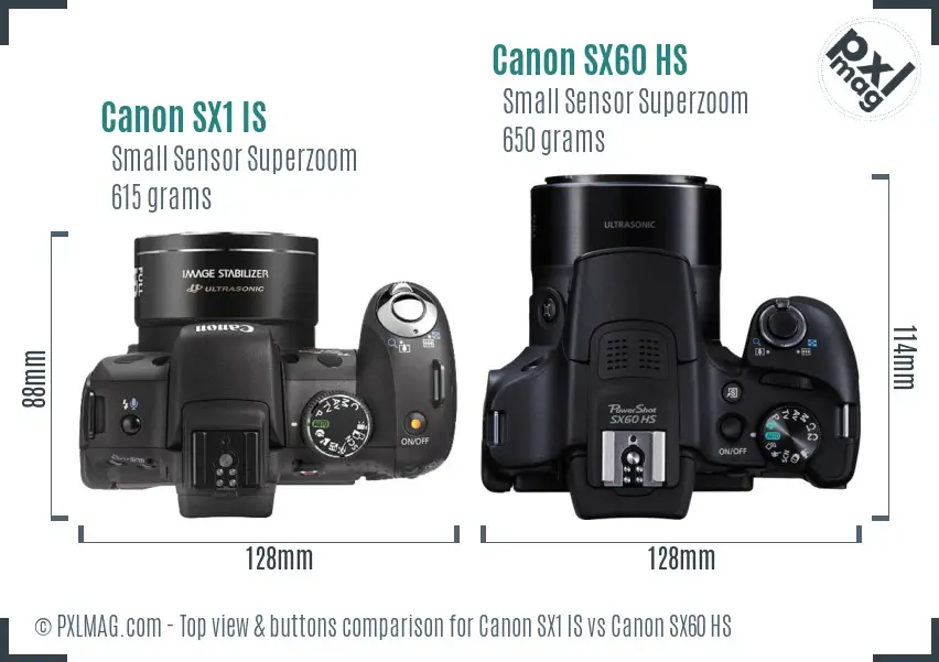 Canon SX1 IS vs Canon SX60 HS top view buttons comparison