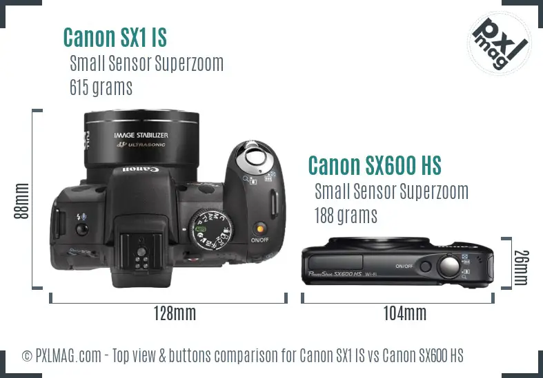 Canon SX1 IS vs Canon SX600 HS top view buttons comparison