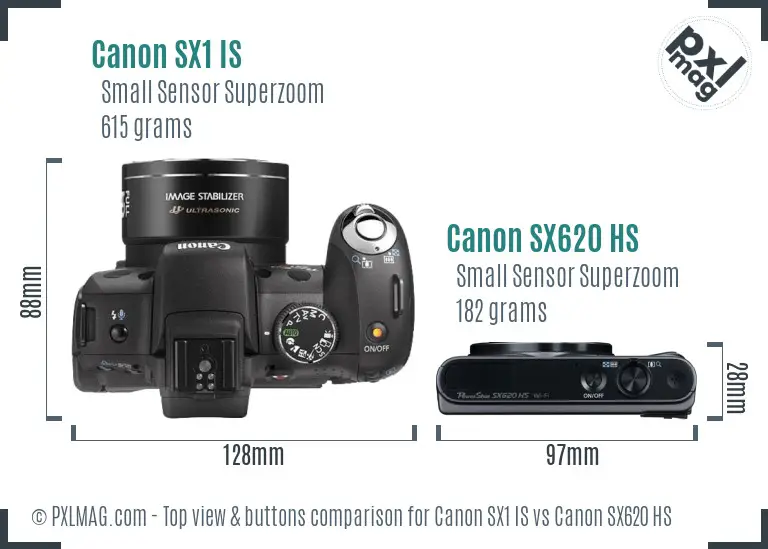 Canon SX1 IS vs Canon SX620 HS top view buttons comparison