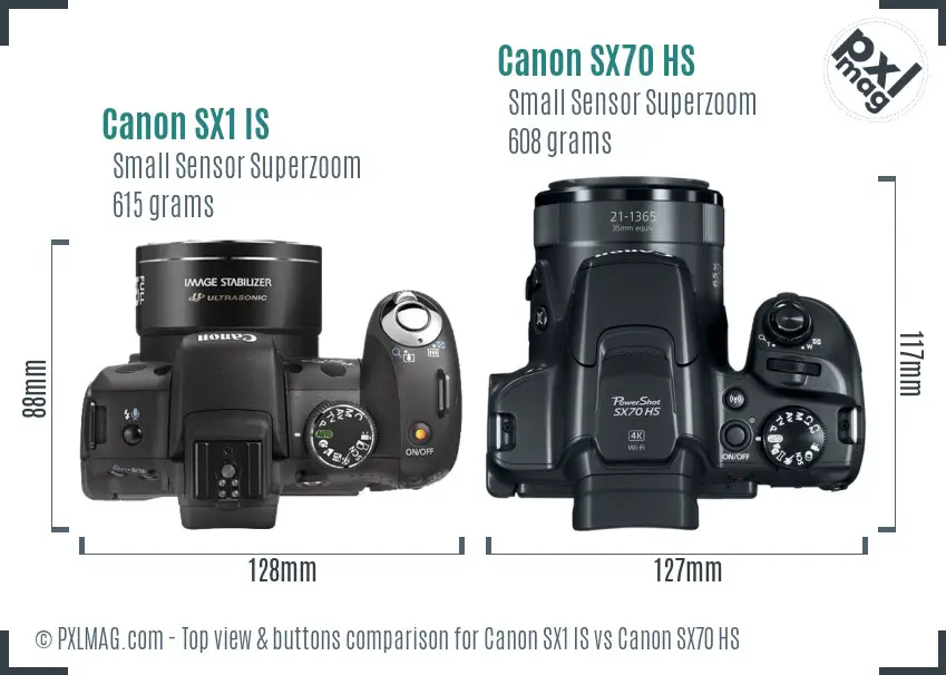 Canon SX1 IS vs Canon SX70 HS top view buttons comparison