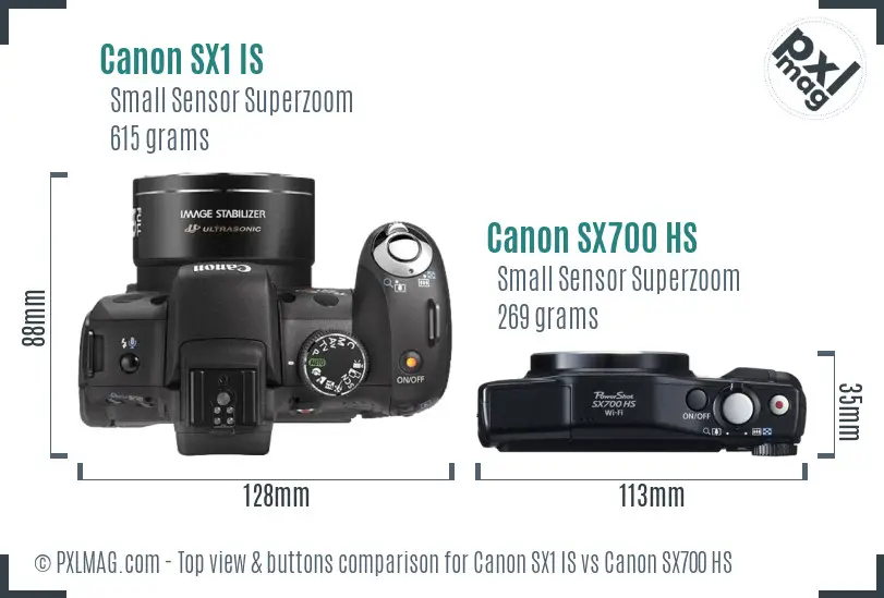 Canon SX1 IS vs Canon SX700 HS top view buttons comparison