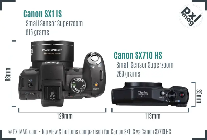 Canon SX1 IS vs Canon SX710 HS top view buttons comparison
