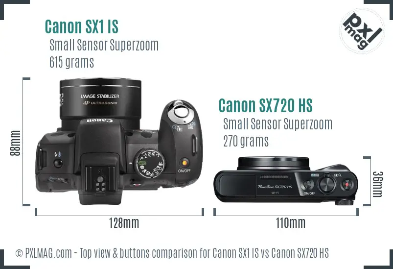 Canon SX1 IS vs Canon SX720 HS top view buttons comparison