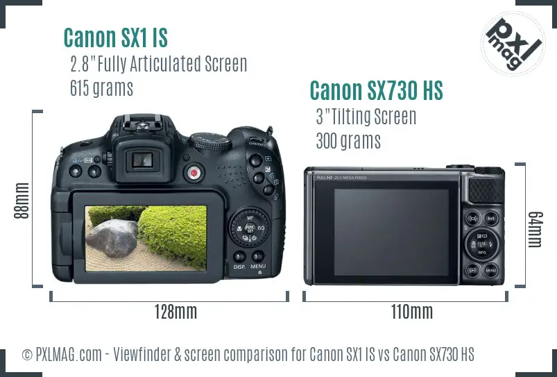 Canon SX1 IS vs Canon SX730 HS Screen and Viewfinder comparison