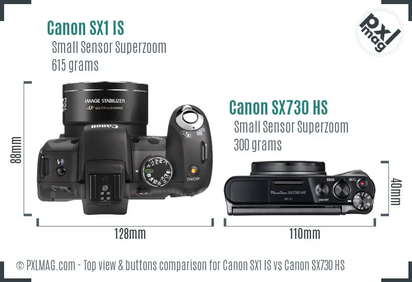 Canon SX1 IS vs Canon SX730 HS top view buttons comparison