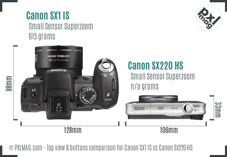 Canon SX1 IS vs Canon SX220 HS top view buttons comparison