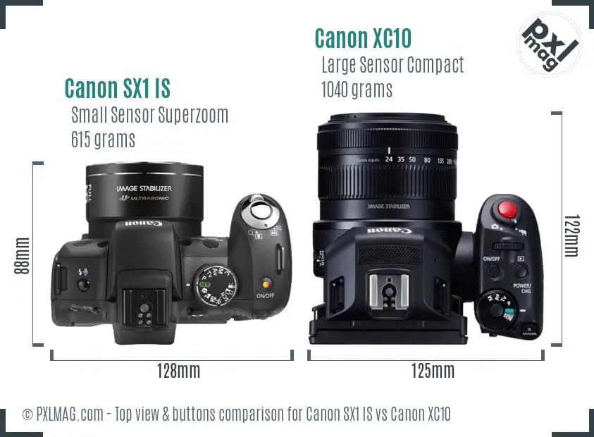 Canon SX1 IS vs Canon XC10 top view buttons comparison