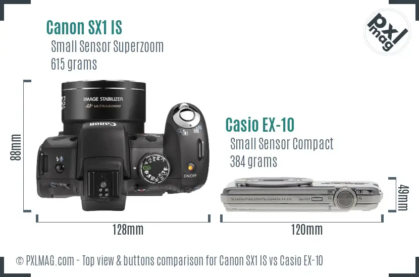 Canon SX1 IS vs Casio EX-10 top view buttons comparison