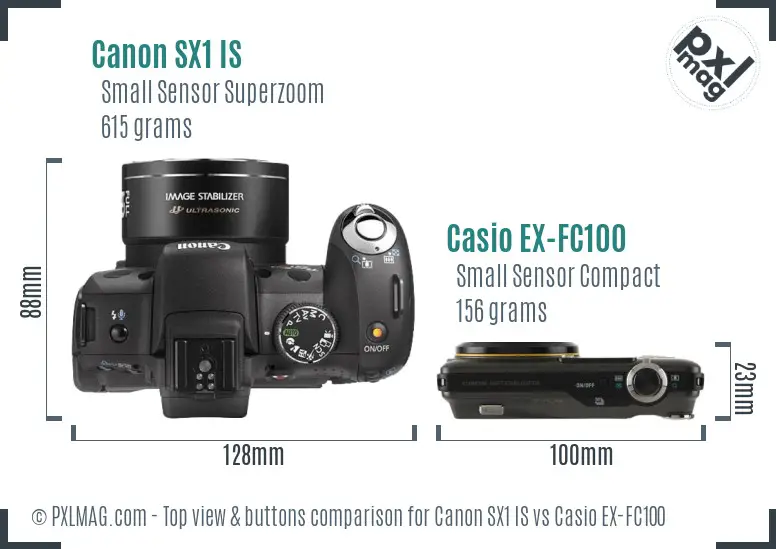 Canon SX1 IS vs Casio EX-FC100 top view buttons comparison