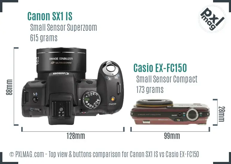 Canon SX1 IS vs Casio EX-FC150 top view buttons comparison