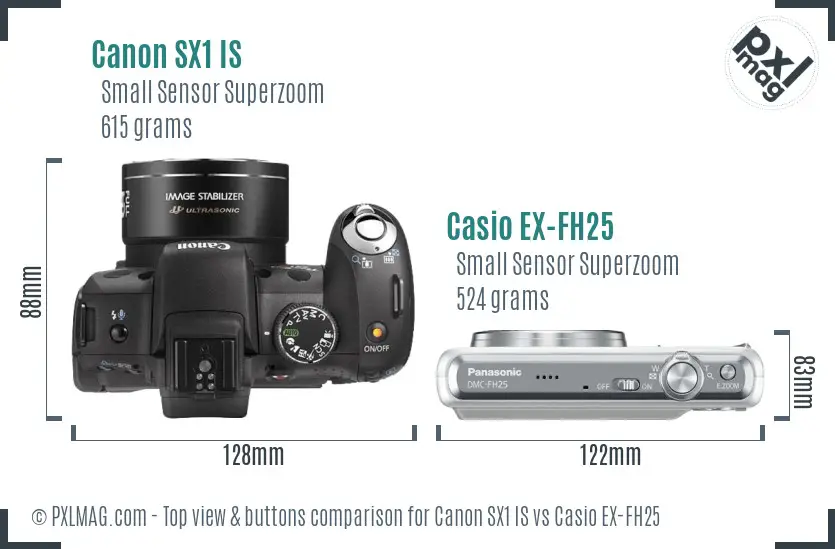 Canon SX1 IS vs Casio EX-FH25 top view buttons comparison