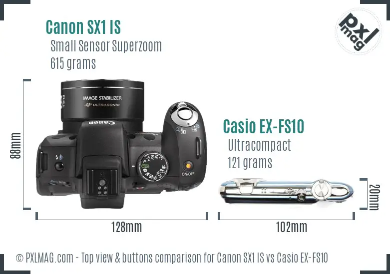 Canon SX1 IS vs Casio EX-FS10 top view buttons comparison