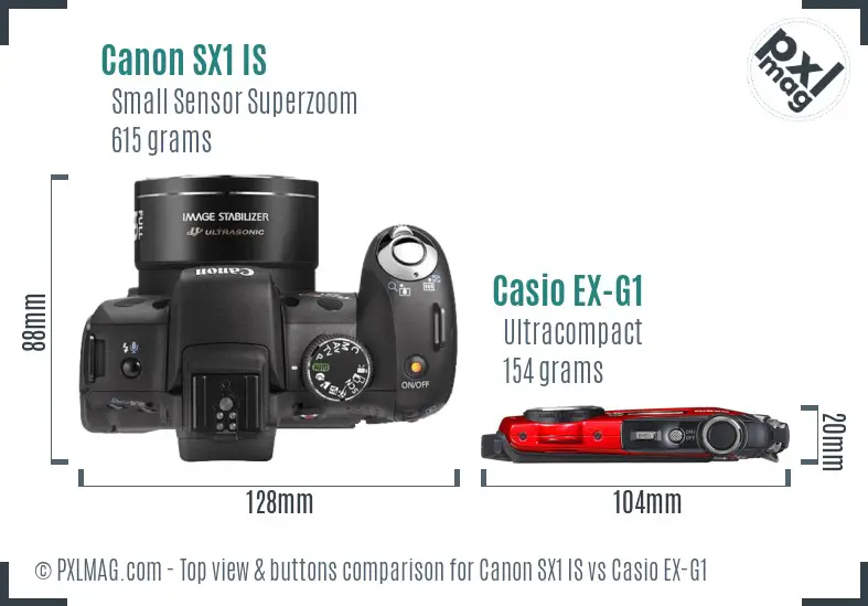 Canon SX1 IS vs Casio EX-G1 top view buttons comparison