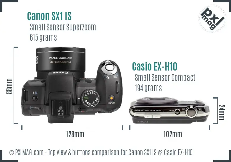 Canon SX1 IS vs Casio EX-H10 top view buttons comparison