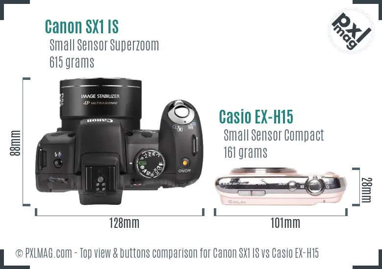 Canon SX1 IS vs Casio EX-H15 top view buttons comparison