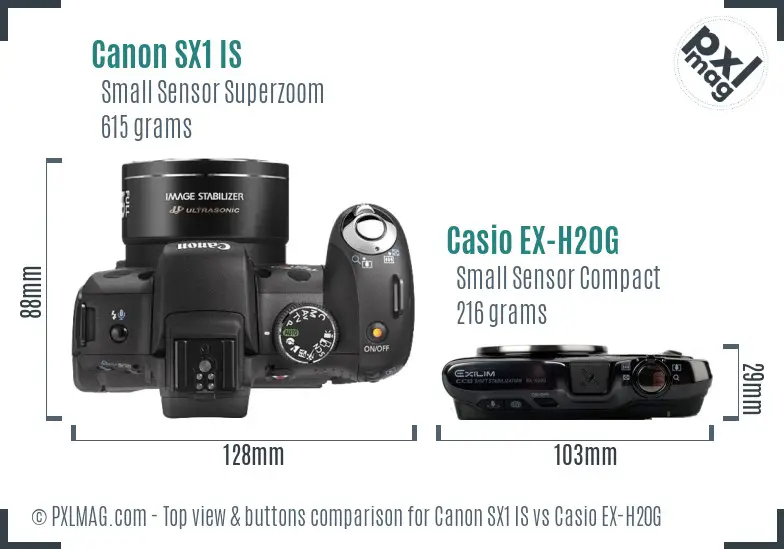 Canon SX1 IS vs Casio EX-H20G top view buttons comparison