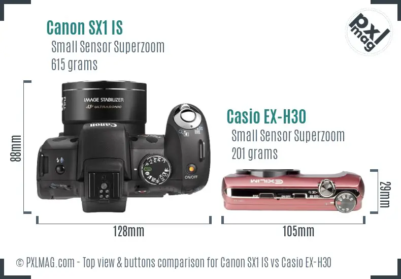 Canon SX1 IS vs Casio EX-H30 top view buttons comparison