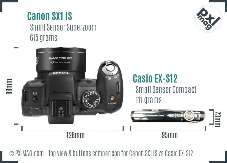 Canon SX1 IS vs Casio EX-S12 top view buttons comparison Canon SX1 IS vs Casio EX-S12 top view buttons comparison