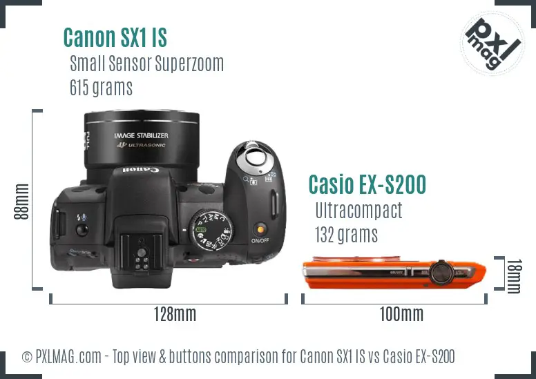 Canon SX1 IS vs Casio EX-S200 top view buttons comparison