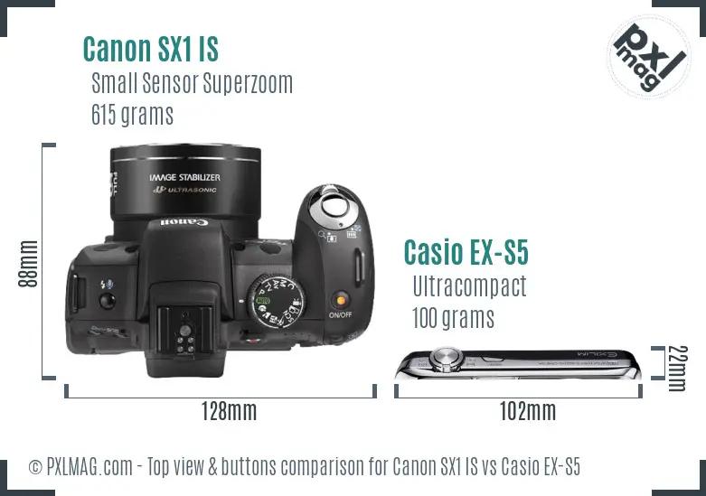 Canon SX1 IS vs Casio EX-S5 top view buttons comparison