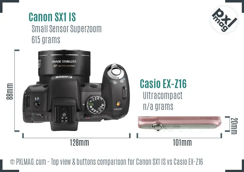 Canon SX1 IS vs Casio EX-Z16 top view buttons comparison