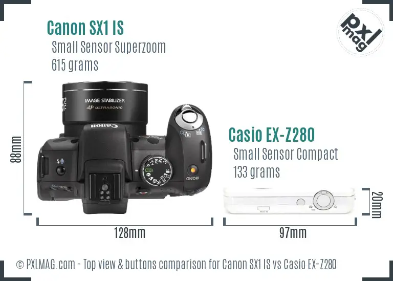 Canon SX1 IS vs Casio EX-Z280 top view buttons comparison