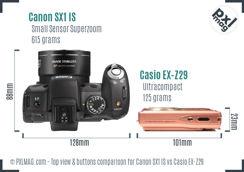 Canon SX1 IS vs Casio EX-Z29 top view buttons comparison