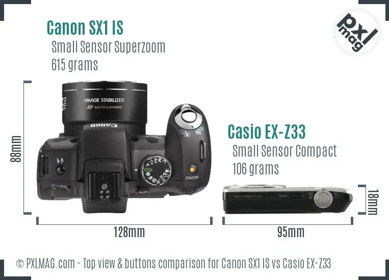 Canon SX1 IS vs Casio EX-Z33 top view buttons comparison