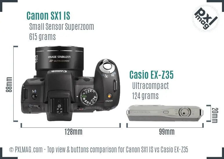 Canon SX1 IS vs Casio EX-Z35 top view buttons comparison