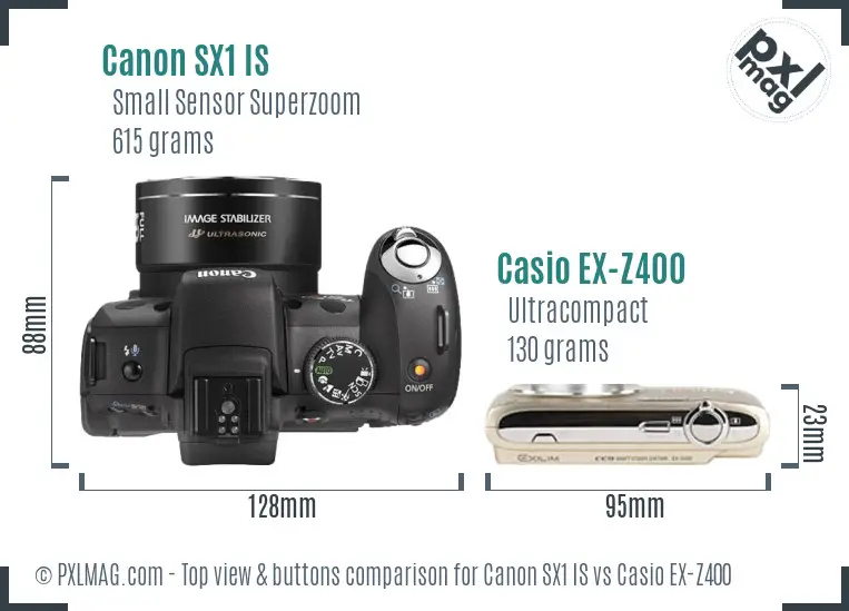 Canon SX1 IS vs Casio EX-Z400 top view buttons comparison