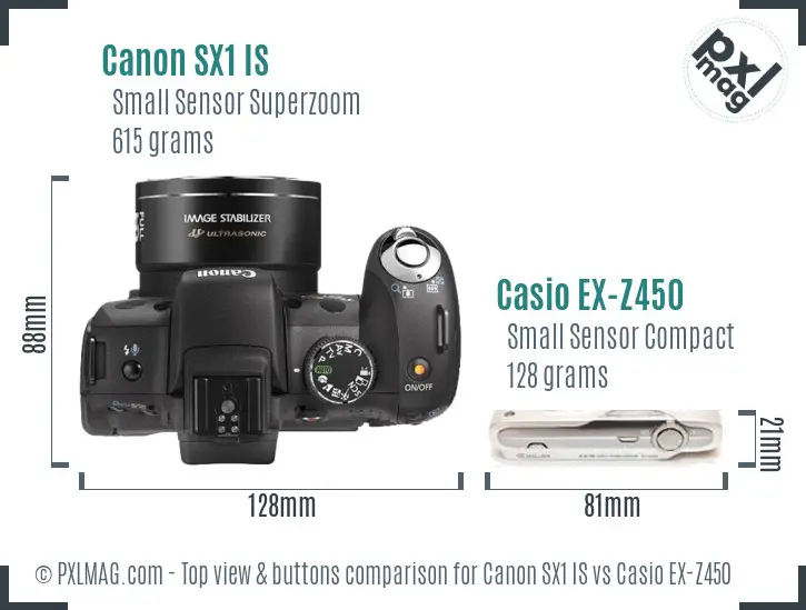 Canon SX1 IS vs Casio EX-Z450 top view buttons comparison