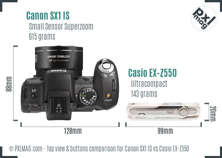 Canon SX1 IS vs Casio EX-Z550 top view buttons comparison