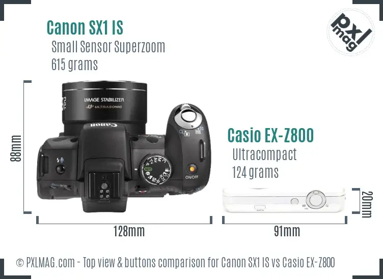 Canon SX1 IS vs Casio EX-Z800 top view buttons comparison