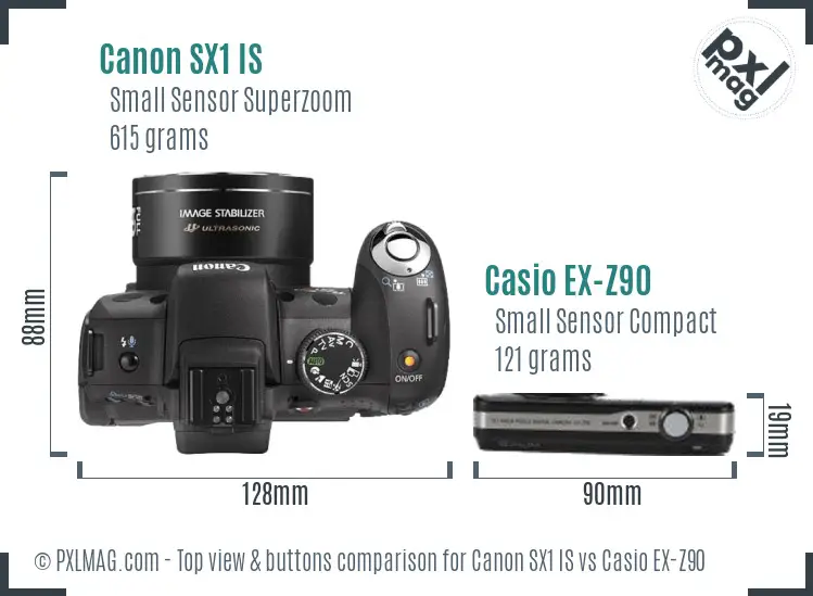 Canon SX1 IS vs Casio EX-Z90 top view buttons comparison