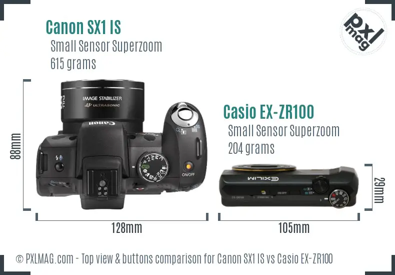 Canon SX1 IS vs Casio EX-ZR100 top view buttons comparison