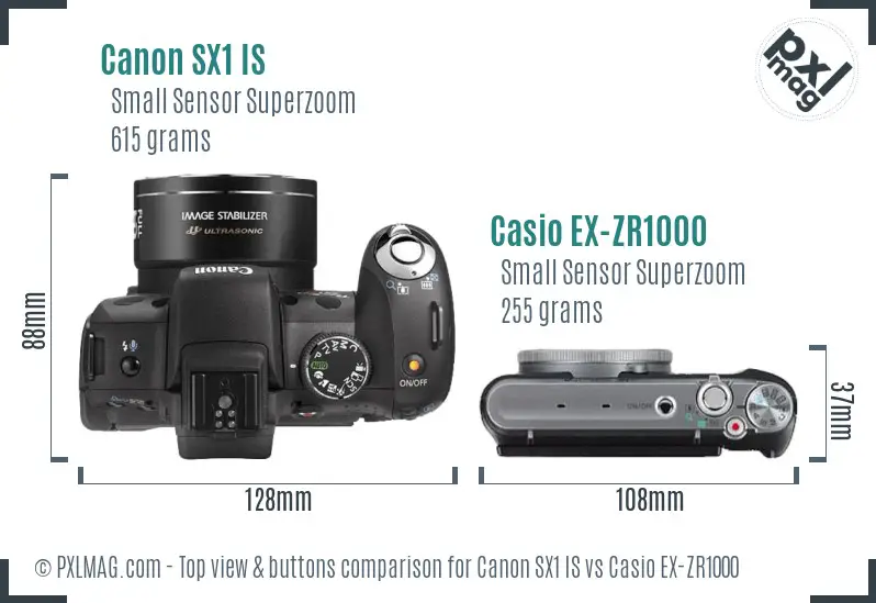 Canon SX1 IS vs Casio EX-ZR1000 top view buttons comparison