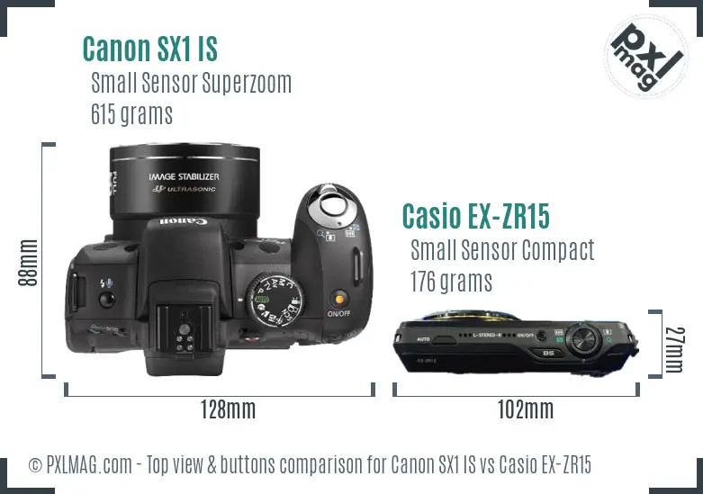 Canon SX1 IS vs Casio EX-ZR15 top view buttons comparison