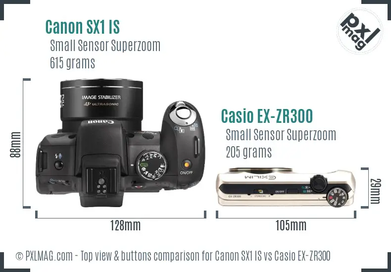 Canon SX1 IS vs Casio EX-ZR300 top view buttons comparison