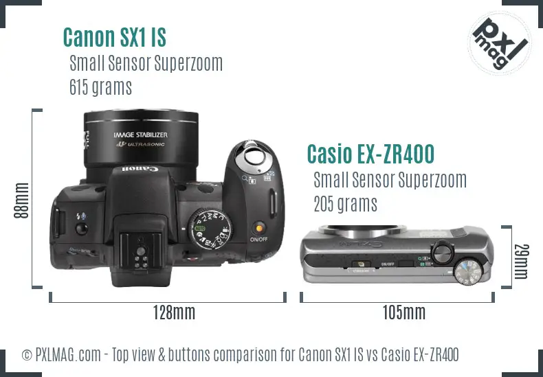Canon SX1 IS vs Casio EX-ZR400 top view buttons comparison
