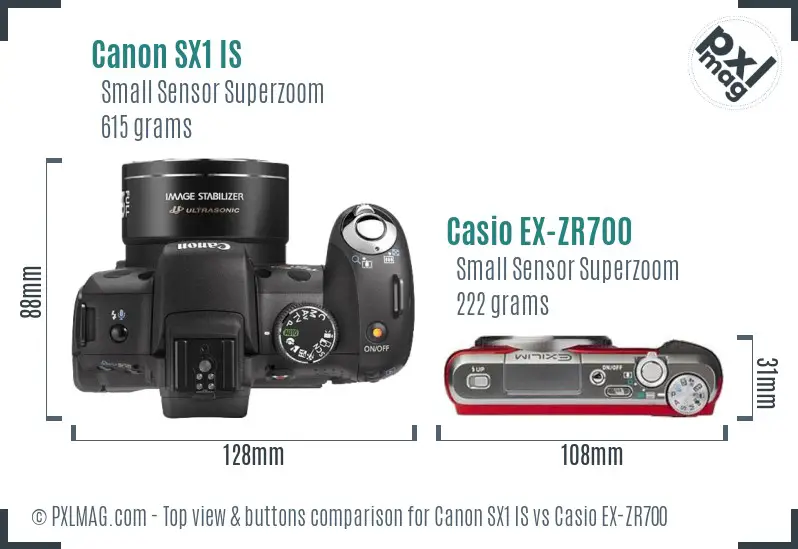Canon SX1 IS vs Casio EX-ZR700 top view buttons comparison