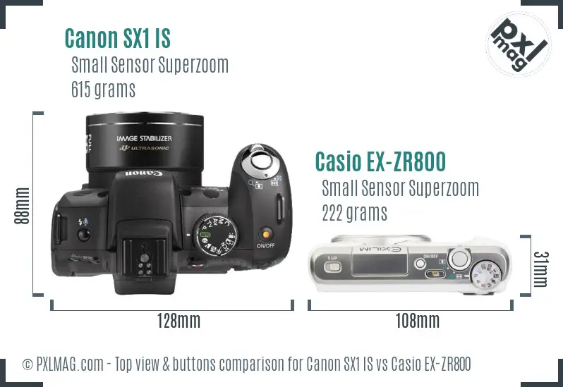 Canon SX1 IS vs Casio EX-ZR800 top view buttons comparison