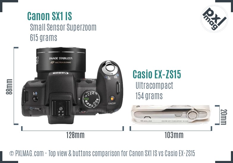 Canon SX1 IS vs Casio EX-ZS15 top view buttons comparison