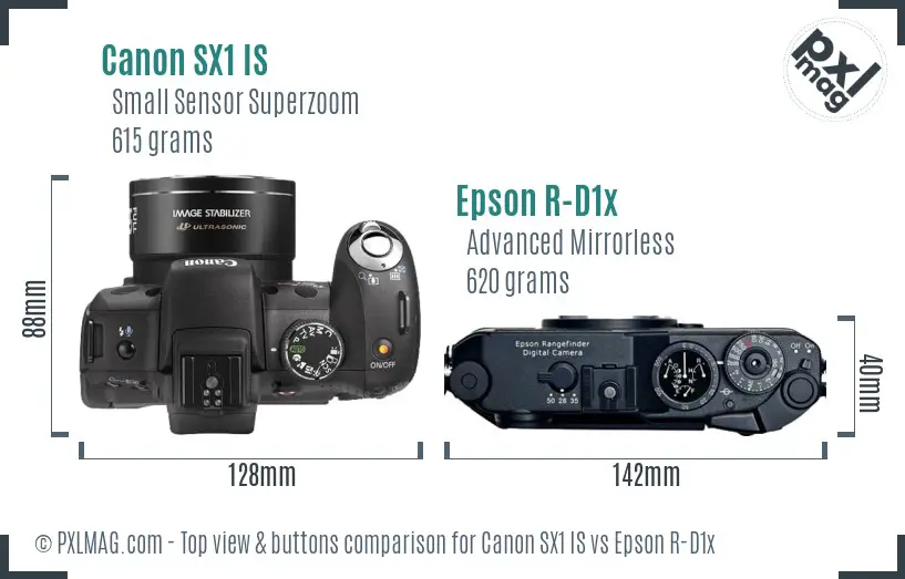 Canon SX1 IS vs Epson R-D1x top view buttons comparison