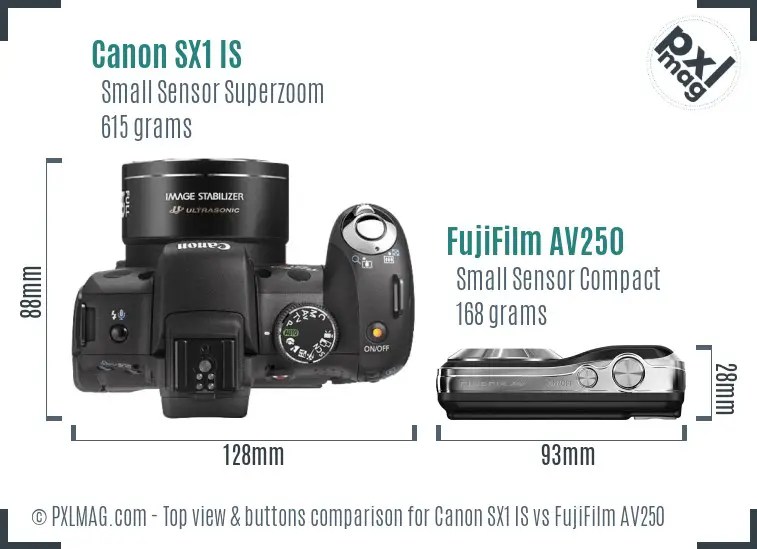 Canon SX1 IS vs FujiFilm AV250 top view buttons comparison