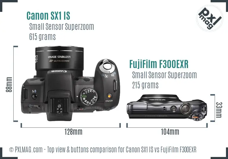 Canon SX1 IS vs FujiFilm F300EXR top view buttons comparison