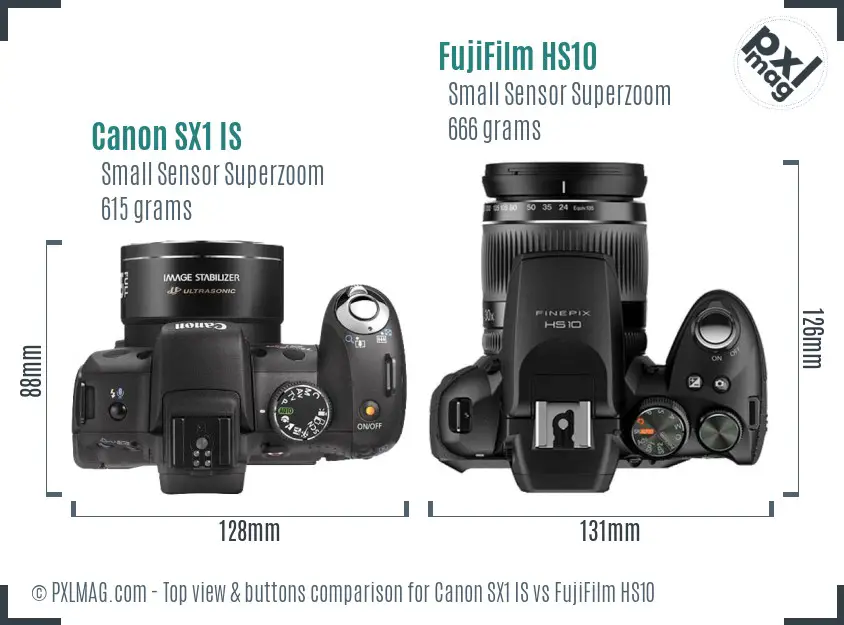 Canon SX1 IS vs FujiFilm HS10 top view buttons comparison