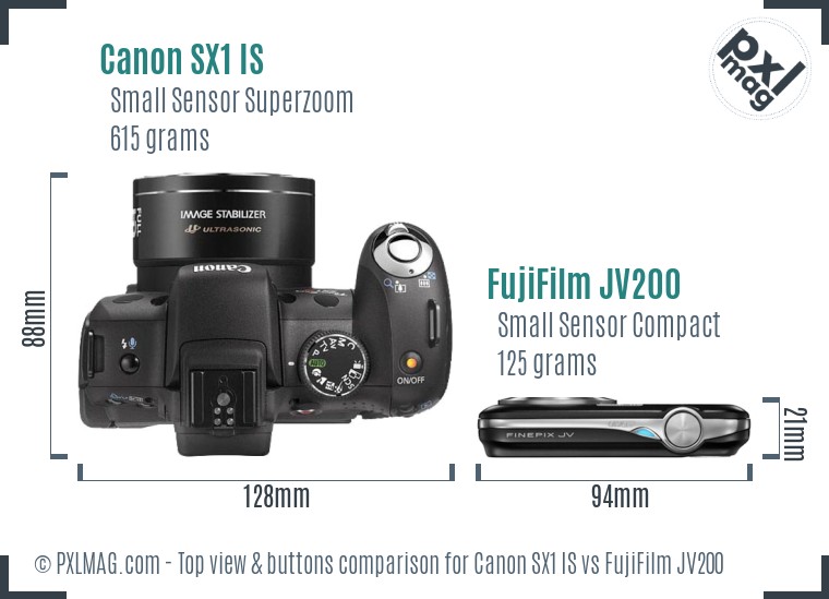 Canon SX1 IS vs FujiFilm JV200 top view buttons comparison