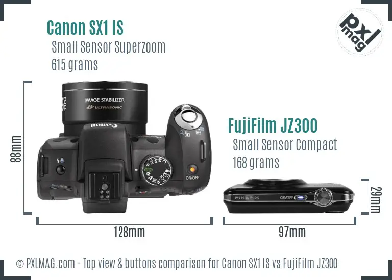 Canon SX1 IS vs FujiFilm JZ300 top view buttons comparison